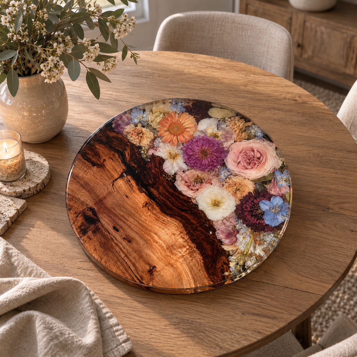 Floral Preservation Timber Round Charcuterie Board