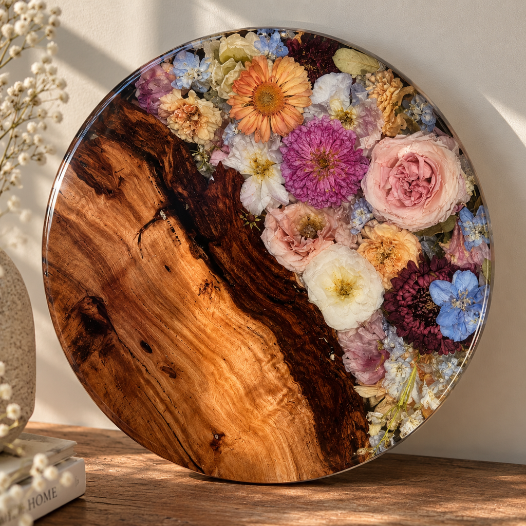 Floral Preservation Timber Round Charcuterie Board